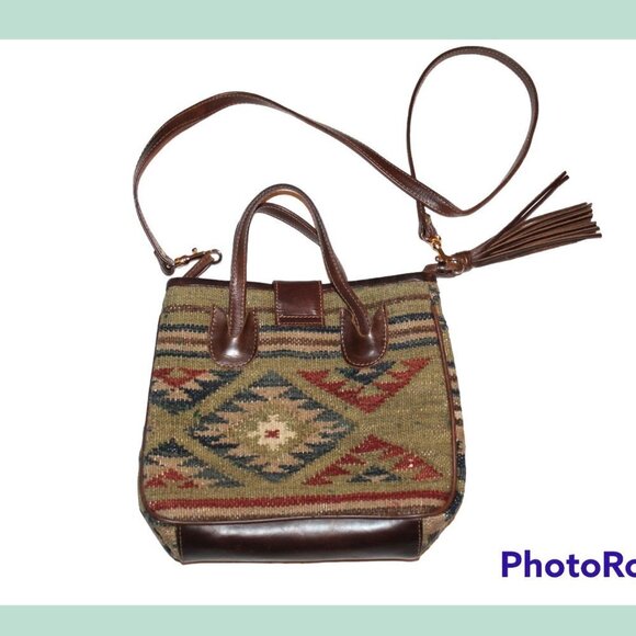 Woven Tapestry wool & leather shoulder bag Aztec print Southwest Crossbody purse - Picture 11 of 11